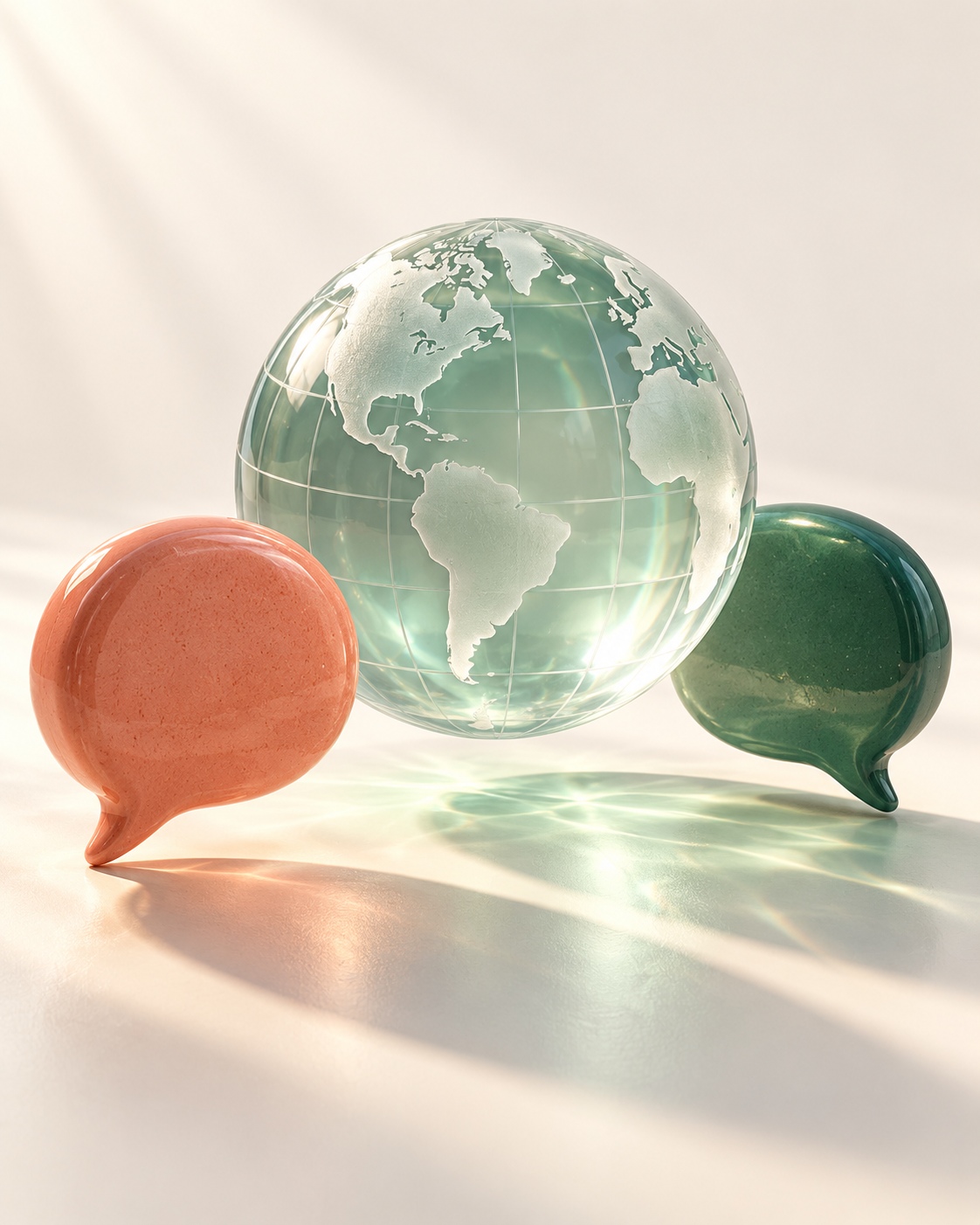 Glass globe with coral and teal speech bubbles representing multilingual communication
