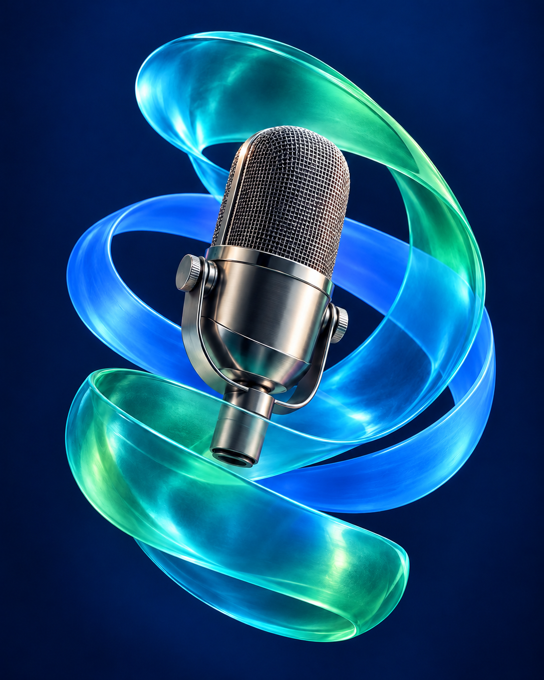Microphone with blue, cyan, teal and green glass ribbons