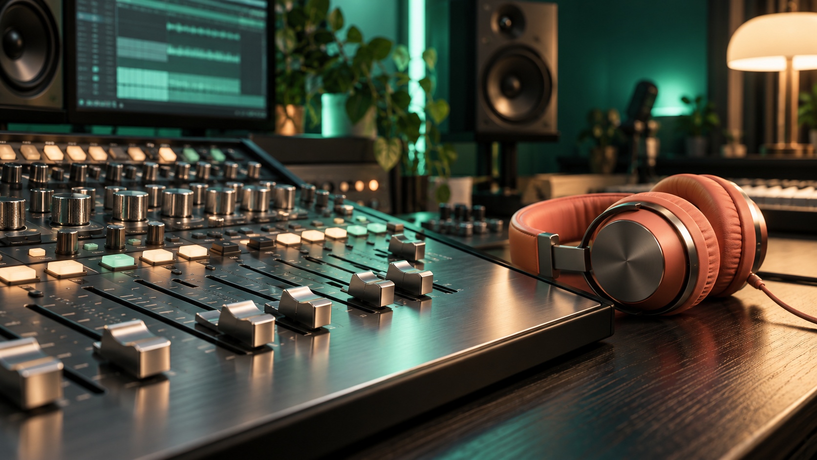 Concept recording studio with mixing console and coral headphones
